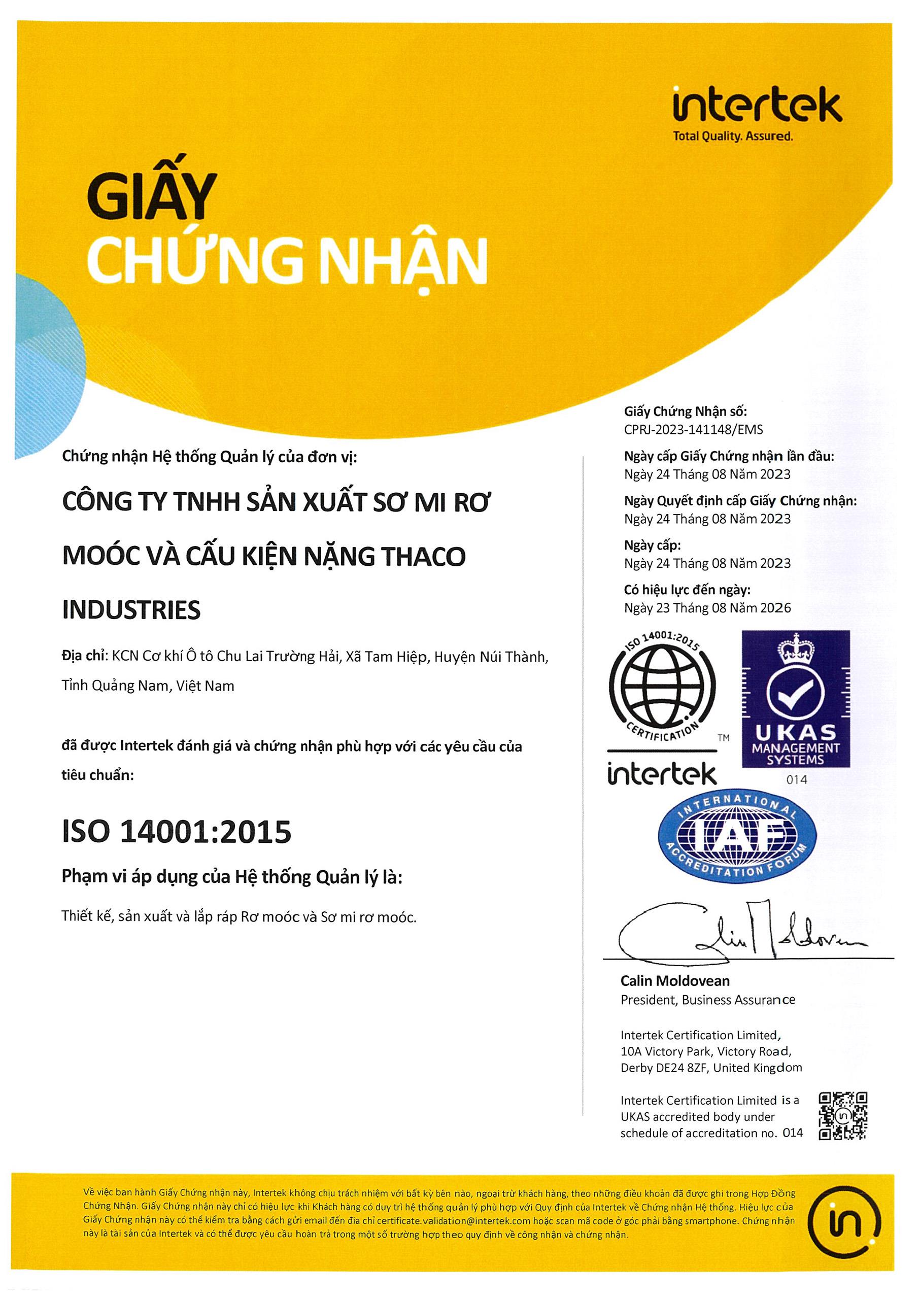 Hệ thống quản lý chất lượng<br> ( ISO 14001: 2015)